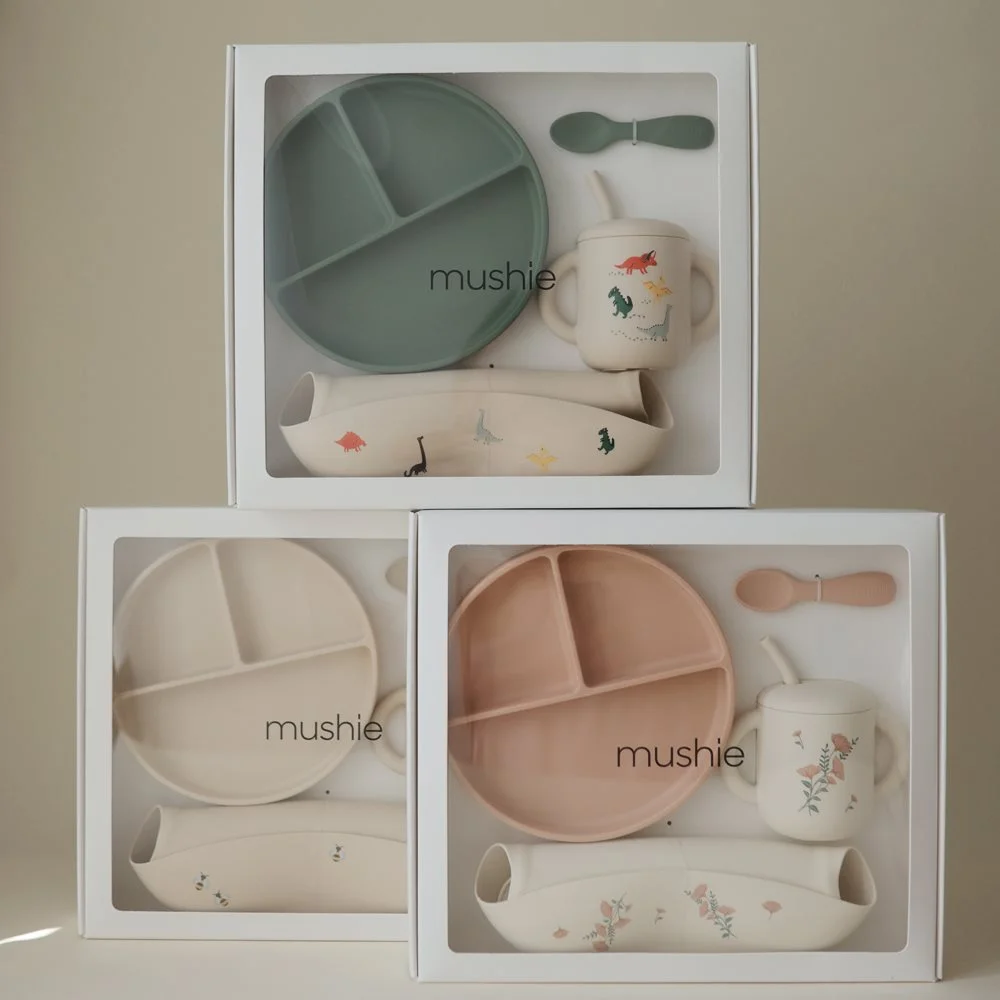 Mushie – silikoninis maitinimo rinkinys – pink flowers - Image 3